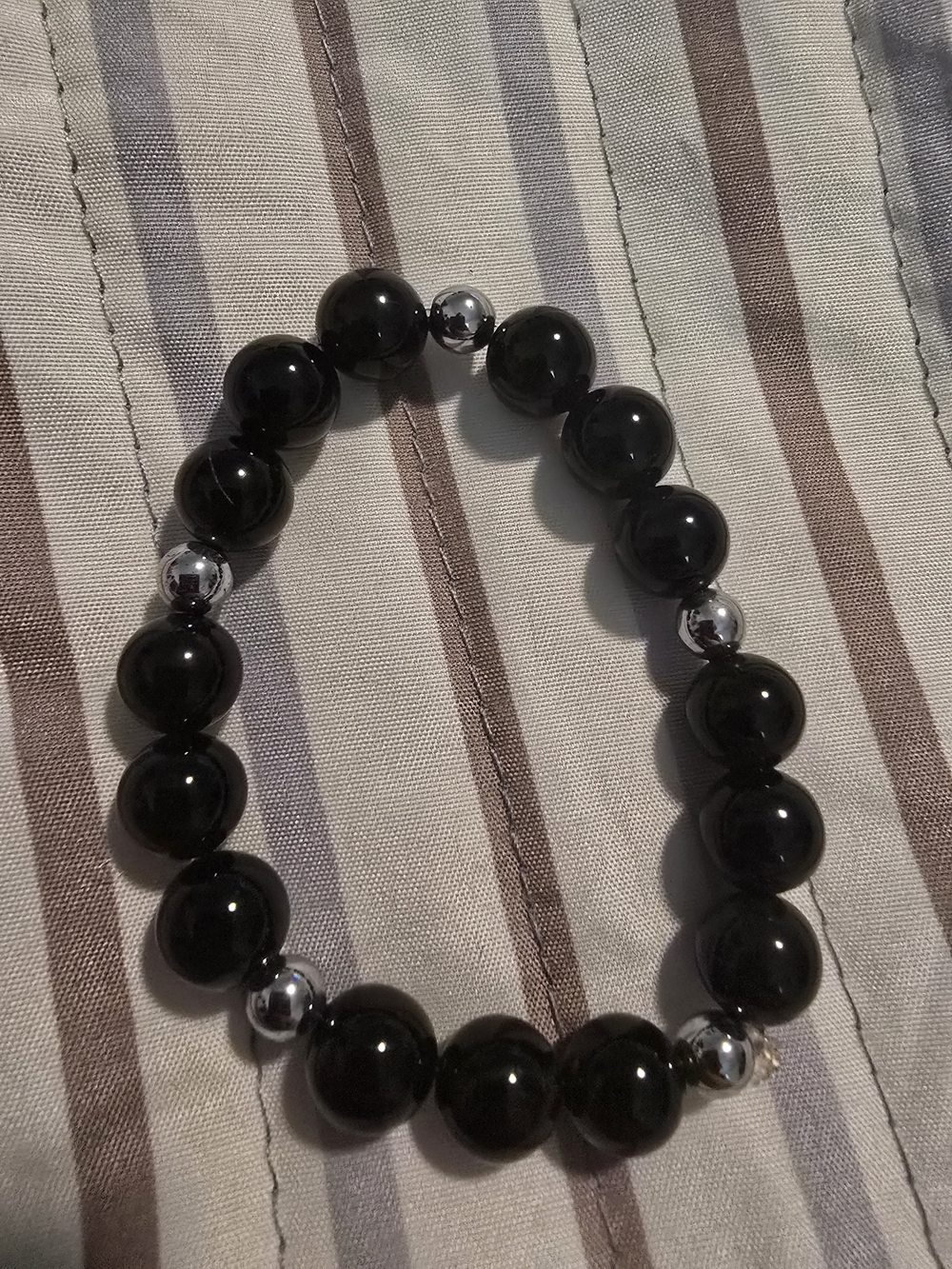 Women's Black Beaded Stretch Bracelet with Silver Accent Beads